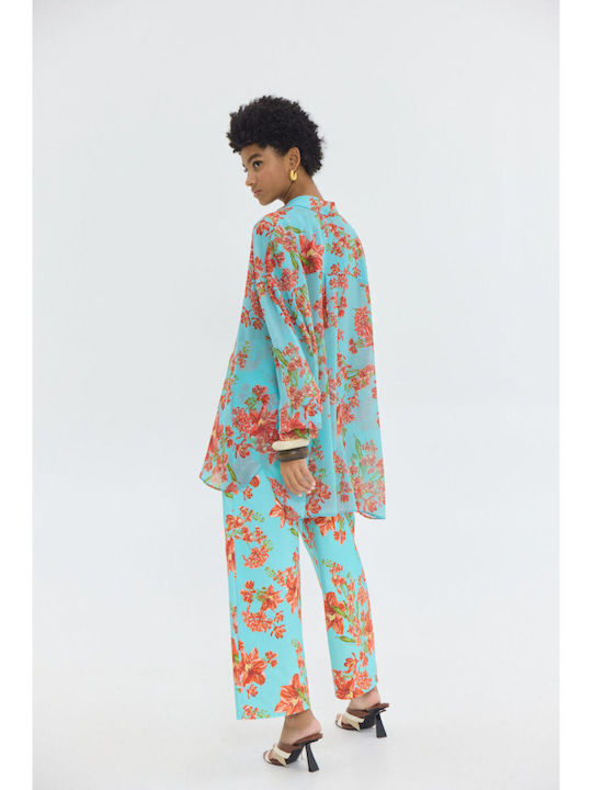 Women's High Rise Fabric Trousers with Rubber Band Floral Aqua