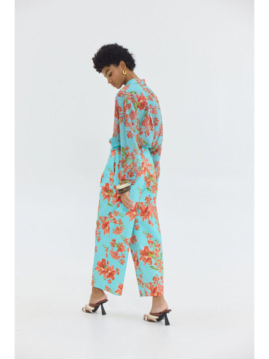 Women's High Rise Fabric Trousers with Rubber Band Floral Aqua