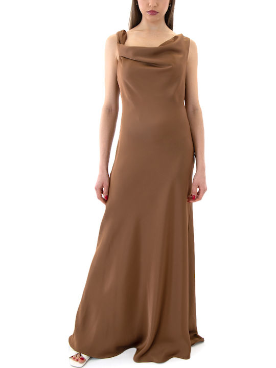 Summer Maxi Evening Dress Satin Drape Brown