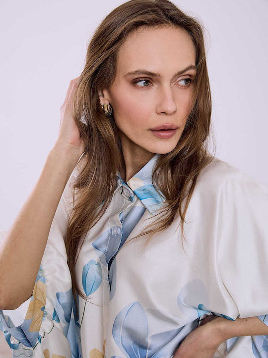 Celestino Γυναικεία Πουκαμίσα Oversized Floral Loose Fit Γαλάζιο