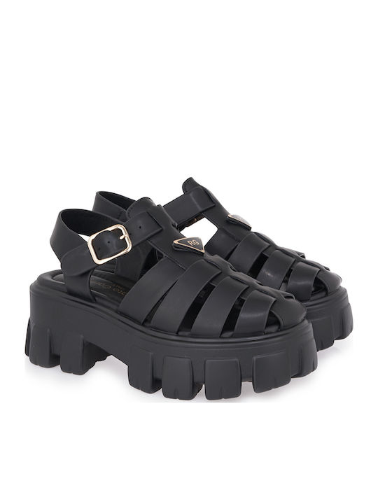 Δερμάτινα Γυναικεία Σανδάλια Flatforms Μαύρα