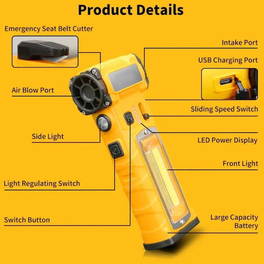 Perg Violent Fan F020 Upgraded Mini Turbofan 130,000 Rpm – Wireless Portable High Speed Blower 5000mah Battery Led Lights 4 Nozzles Emergency Seat Belt Cutter