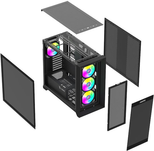 Aqirys XO-1 Gaming Middle Tower Carcasă PC cu Panou Lateral și Iluminare ARGB Neagră