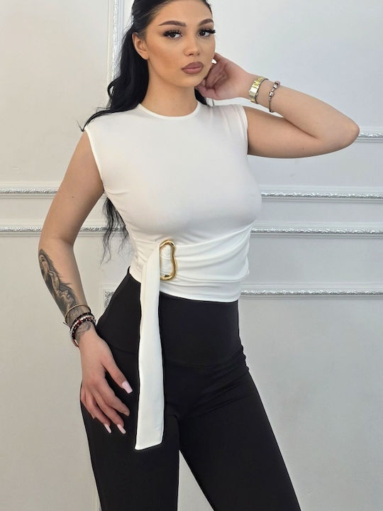 Bluza Damă Crop Top Fără Mâneci Albă Vara