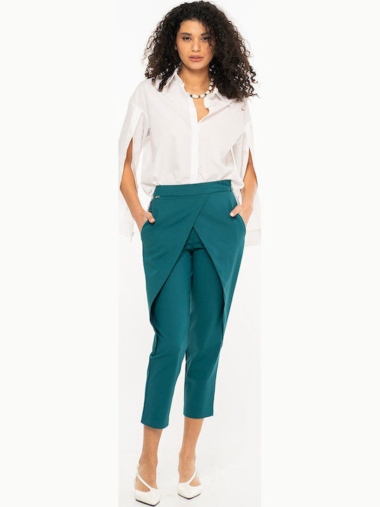 Pantaloni Dama Din Țesătură Cu Linie Tapered Cu Dungi Turcoaz