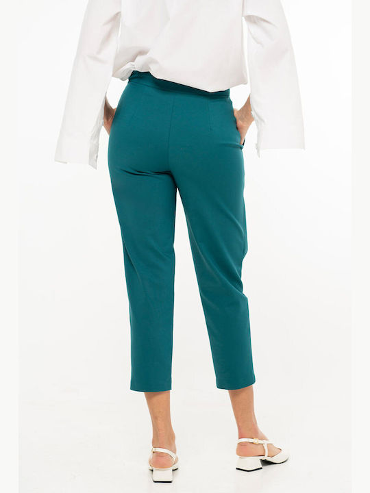 Pantaloni Dama Din Țesătură Cu Linie Tapered Cu Dungi Turcoaz