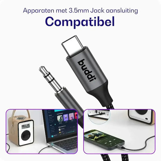 Buddi Cablu Flex USB 2.0 USB-C Male - 3,5 mm Negru 2m