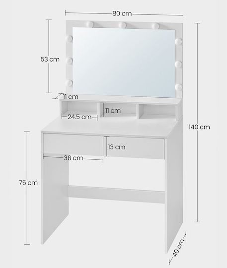 Подова Спална Тоалетна Дървена Бяла с Огледало 80x40x140см