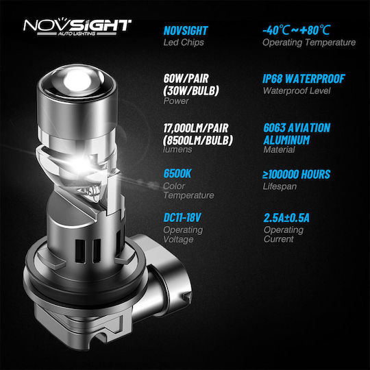 NovSight Car and Motorcycle Lamp H11 Canbus LED 6500K Cold White 12V 60W