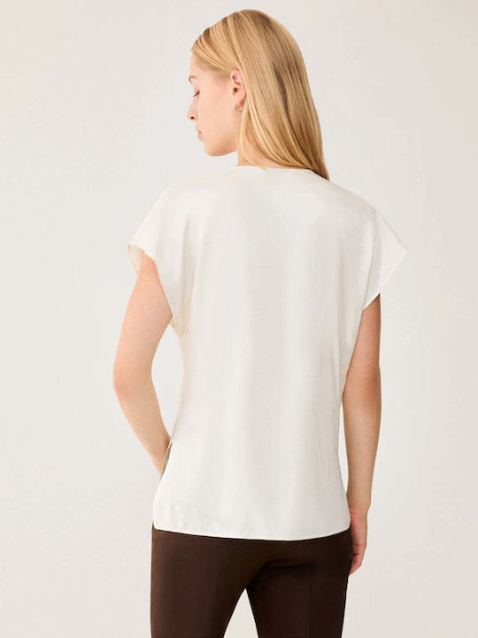 Women's Short Sleeve Blouse with V-Neckline Ecru