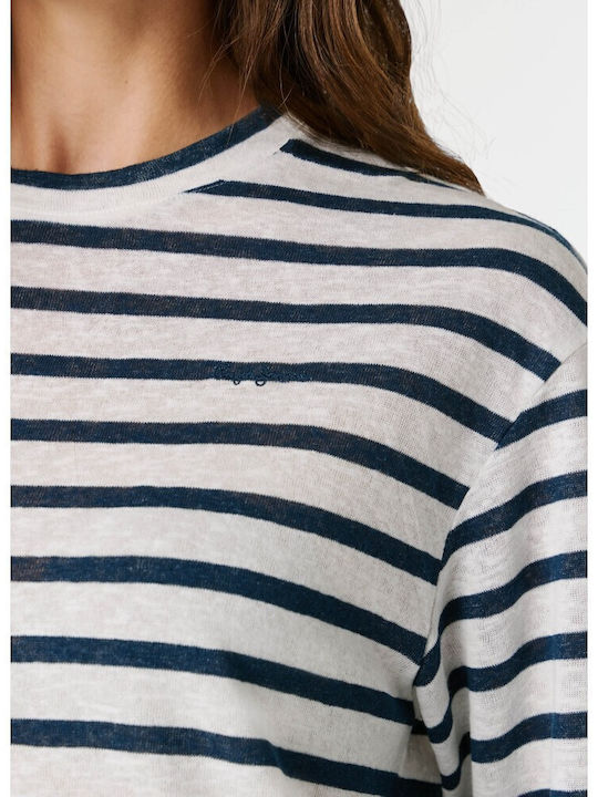 Women's Cotton Long Sleeve Striped Deep Sea Blue Top