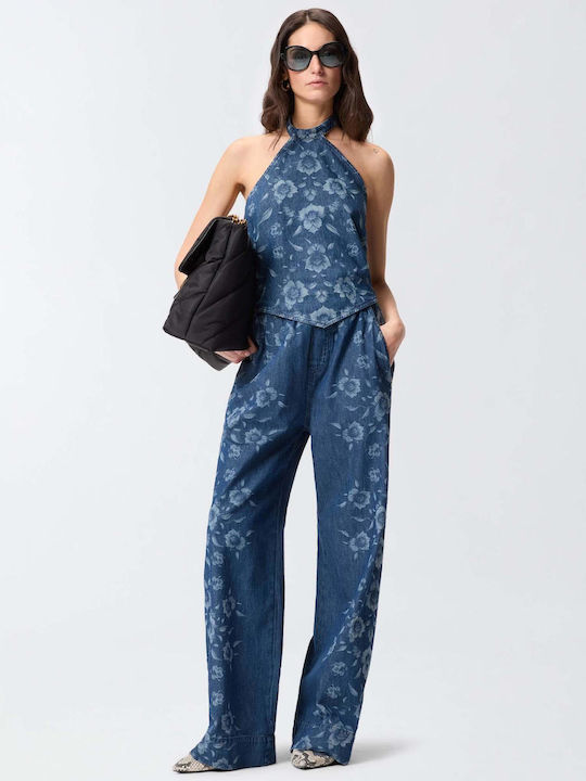 Women's Sleeveless Floral Light Denim Blouse
