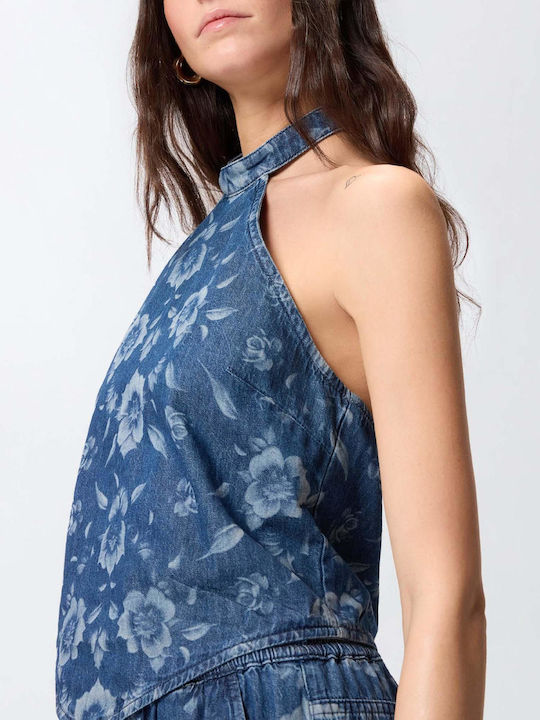 Women's Sleeveless Floral Light Denim Blouse