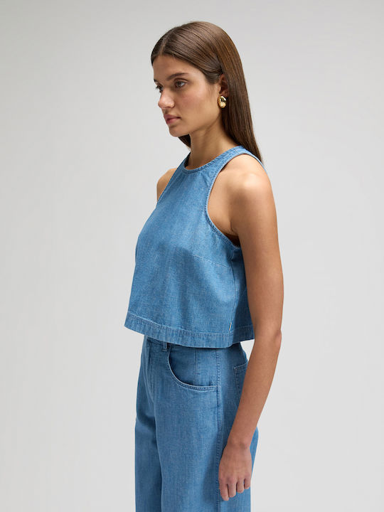 Damen Crop Top Baumwolliges Ärmelloses Blau