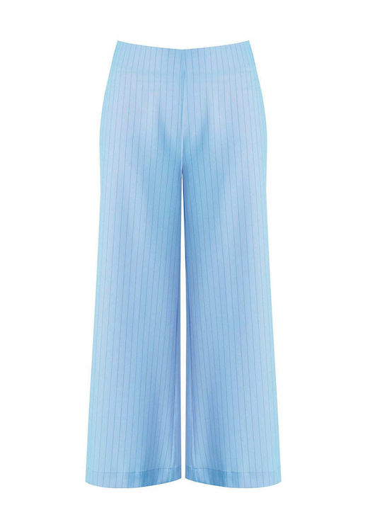 Women's Pantaloons with Rubber Band in Loose Fit Striped Light Blue