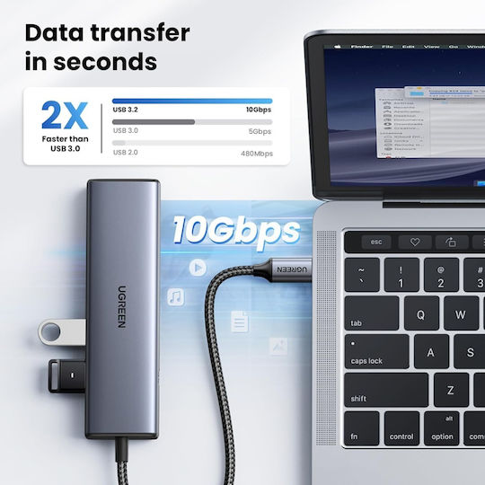 Ugreen USB 2.0 5 Port Hub with USB-C / Ethernet Connection Gray