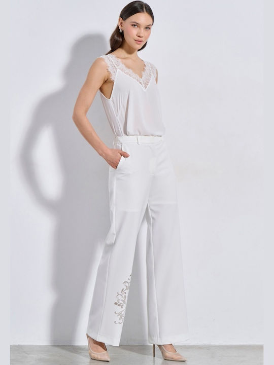 Women's High Rise Fabric Trousers in Straight Leg Off White