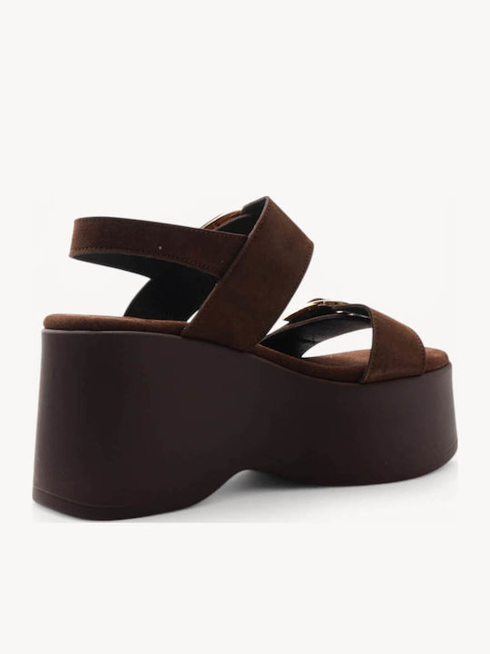Braune Suede Damenplattformen mit Knöchelriemen Goldene Keilabsätze