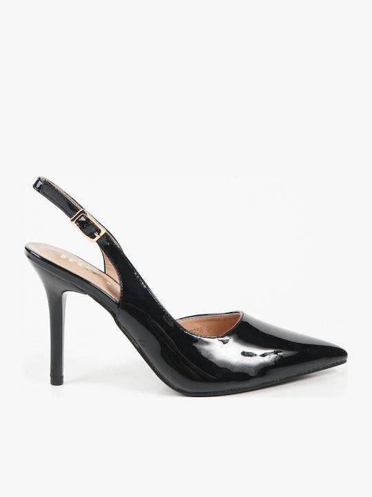 Pointed Toe Heels in Patent Leather with Strap Black