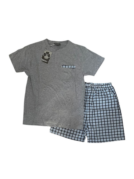 Ogham Sommer Karierte Herrenpyjama Bluse Grau Melange