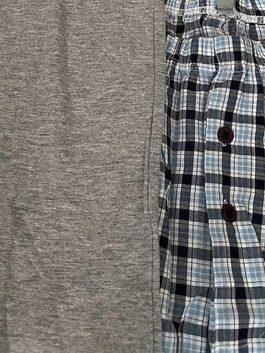 Ogham Sommer Karierte Herrenpyjama Bluse Grau Melange