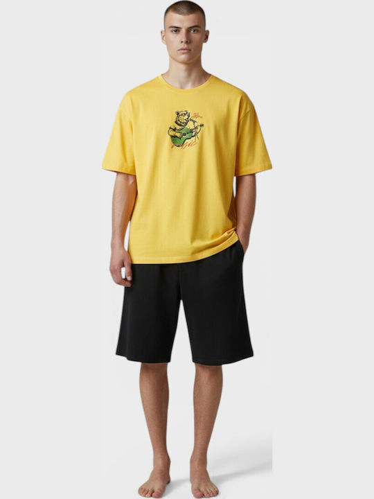 Herrenpyjama Vienetta Sommer Baumwollene Gelbe Print Vnt409173-Kelber