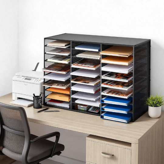 Vevor Mail Organizer 27 Slots Metallic Office Sorter Removable Wire Mesh Wooden Surface Black