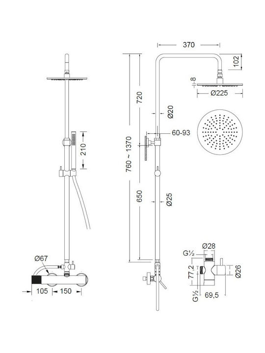 Eurorama Adjustable Shower Column with Bathtub Mixer Black Eurorama Adjustable Shower Column with Bathtub Mixer Black