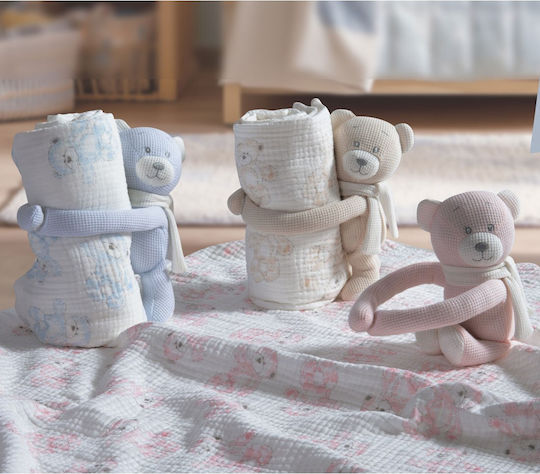 Nef-Nef Homeware Pătură De Înfășat Și Leagăn Teddy Pique Albastră Deschis Cu Animăluț 75x100cm