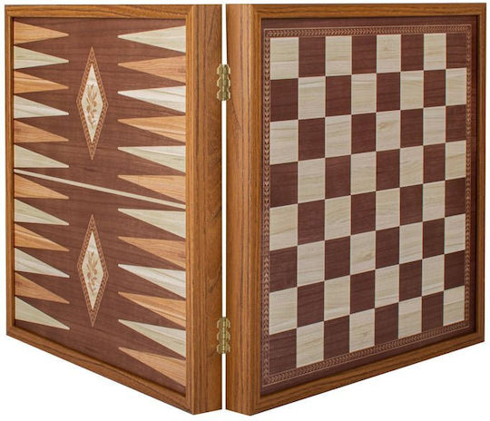 Manopoulos Backgammon/Schach aus Olivenholz mit Spielsteinen & Schachfiguren 34x34cm