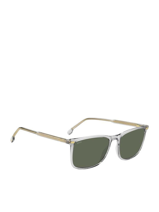 Boss Unisex Sunglasses with Gray Horn-Rimmed Frame and Green Lens