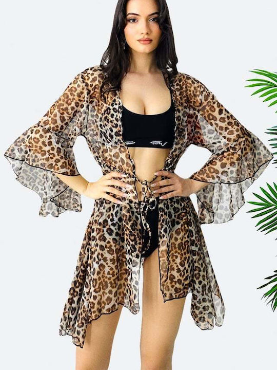 Kimono Scurt De Plajă Pentru Femei Animal Print Leopard