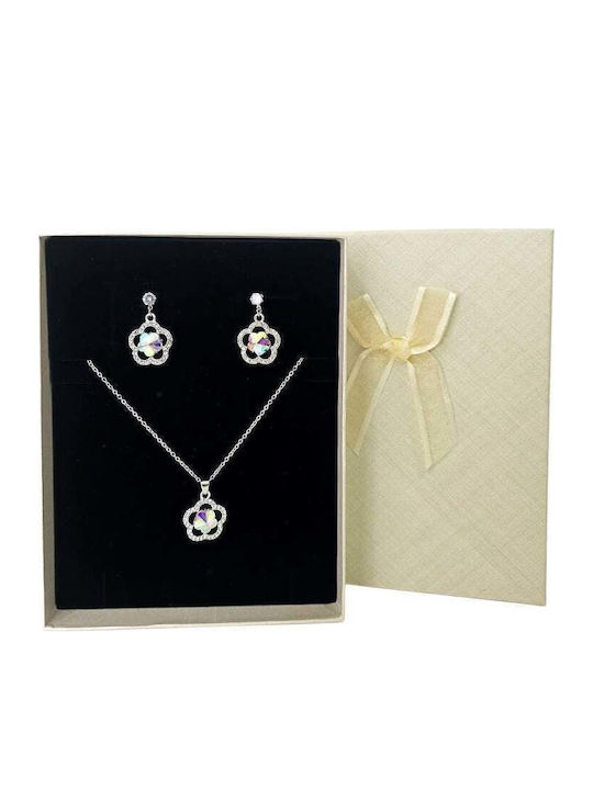 Set De Bijuterii Pentru Femei Feeling Flower Din Otel Inoxidabil Colier Cercei Pandantiv Floare Cristale În Cutie Cadou
