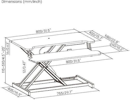 Brateck Desk Converter Sit Stand Gas Spring 11-51cm Dws37-01