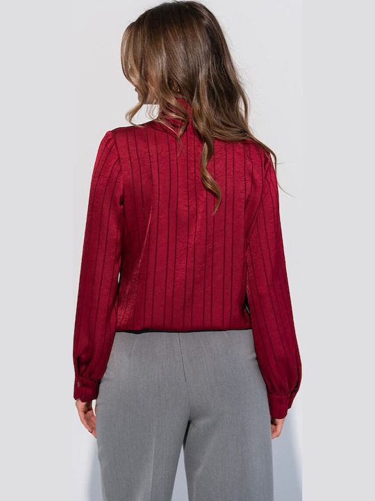 Carola Cămașă De Damă Din Satin Cu Mânecă Lungă Burgundy Cu Dungi