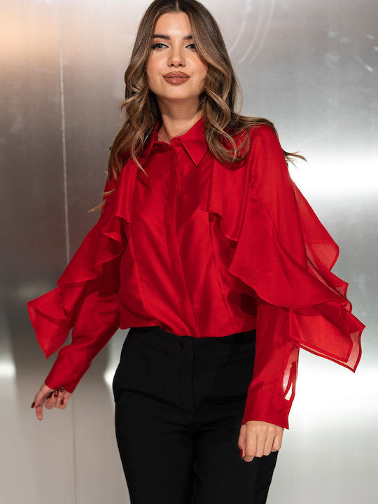 Cristiana Cămașă De Damă Mânecă Lungă Mătăsosă Roșie