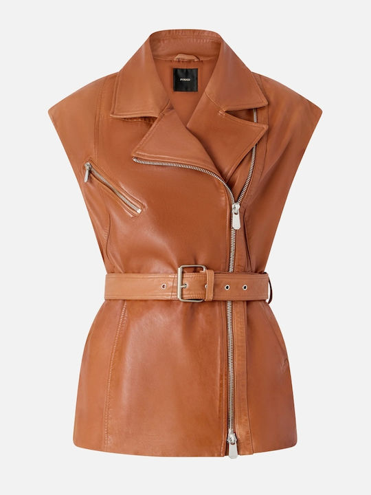 Leather Women's Sleeveless Jacket for Winter Brown