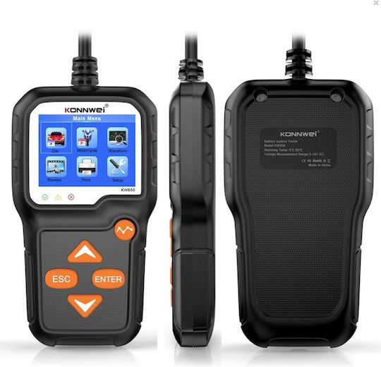 Konnwei KW-650 Digital Battery Tester with Crocodile Clips 6V/12V