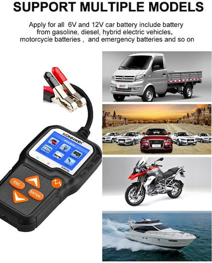 Konnwei KW-650 Digital Battery Tester with Crocodile Clips 6V/12V
