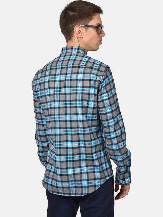 Long Sleeve Cotton Shirt in Regular Fit Checked Turquoise