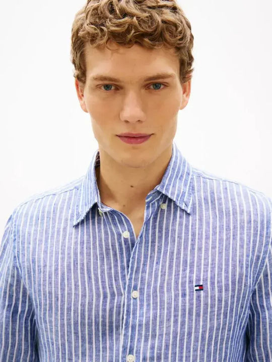 Long Sleeve Linen Shirt in Regular Fit Striped Blue