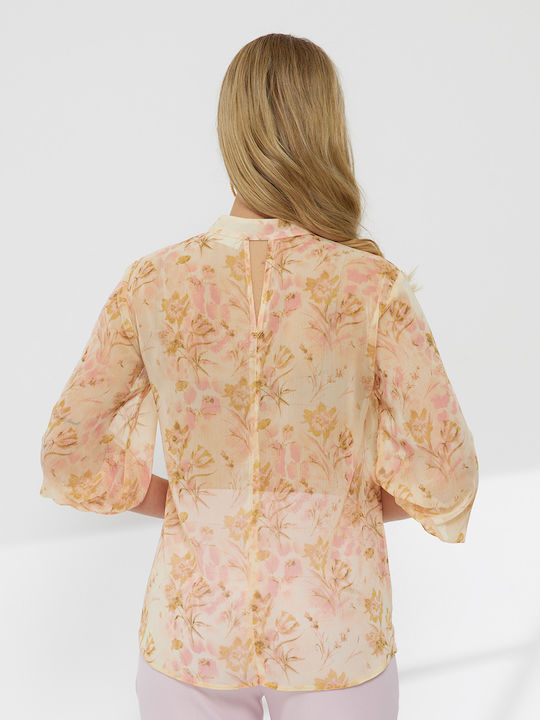 Women's Crop Top Long Sleeve with V-Neckline Floral Pink