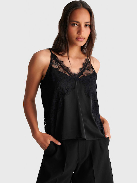 Damen Bluse Satin mit Spitze Schwarz
