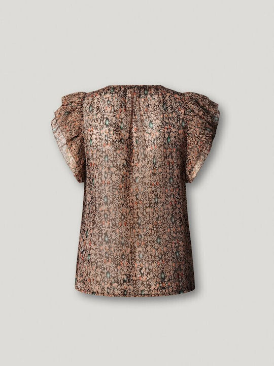 Women's Short Sleeve Blouse with V Neckline Floral Earth-Brown