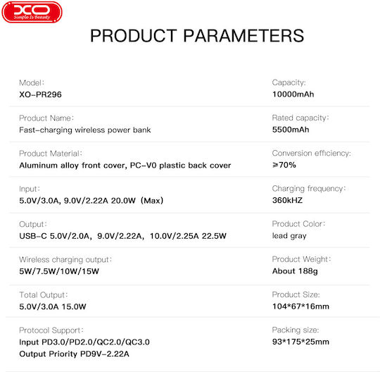 XO PR296 Power Bank 10000mAh Power Delivery Quick Charge 2.0 Quick Charge 3.0 Gray