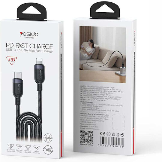 Yesido Braided USB-C to Lightning Cable 27W Μαύρο 3m