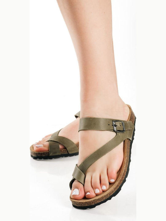 Leather Women's Anatomic Green Flat Sandals