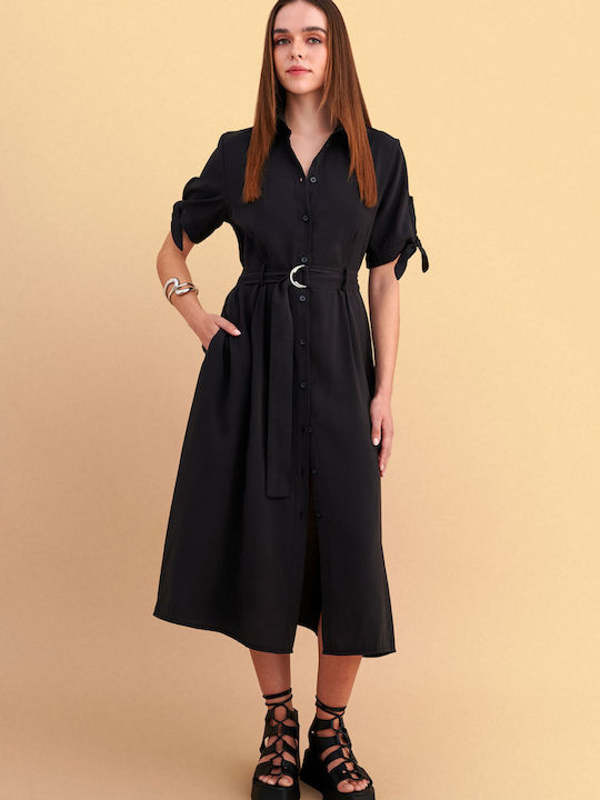 Summer Midi Shirt Dress Black