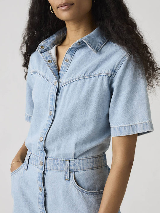 Western Summer Mini Shirt Dress Denim Blue