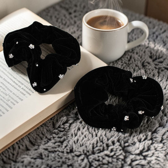 Scrunchie Mαλλιών Μαύρο Στρας 2τμχ 4omo247